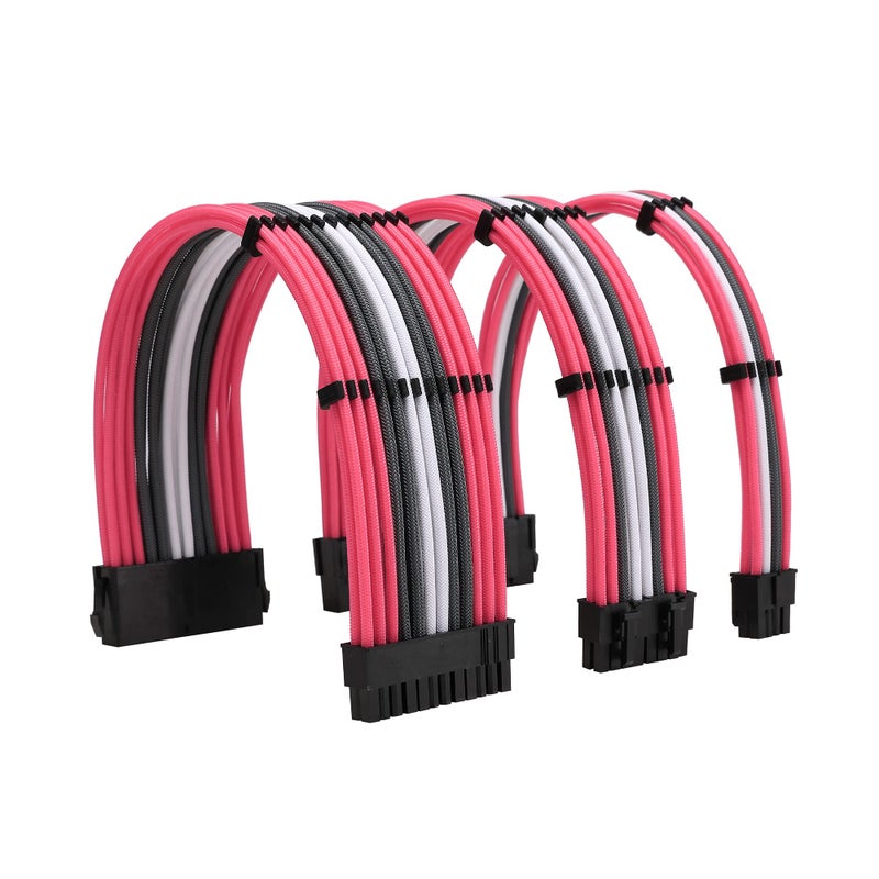 Formulamod Sleeve Extension Power Supply Cable Kit 18AWG (1) ATX 24P+ (1) EPS 8-P+ (2) PCI-E8-P with Combs for PSU to Motherboard/GPU (Pink Grey White) - Image 1